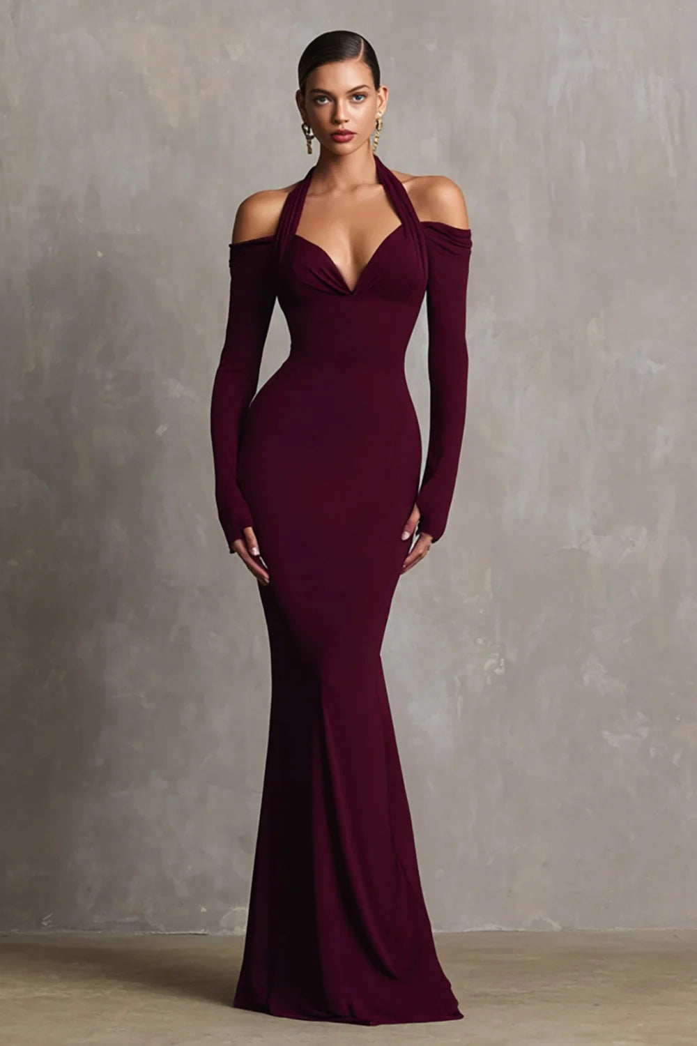 Burgundy Stretch Knit Sheath Halter V-Neck Zipper Back Floor-Length Dress