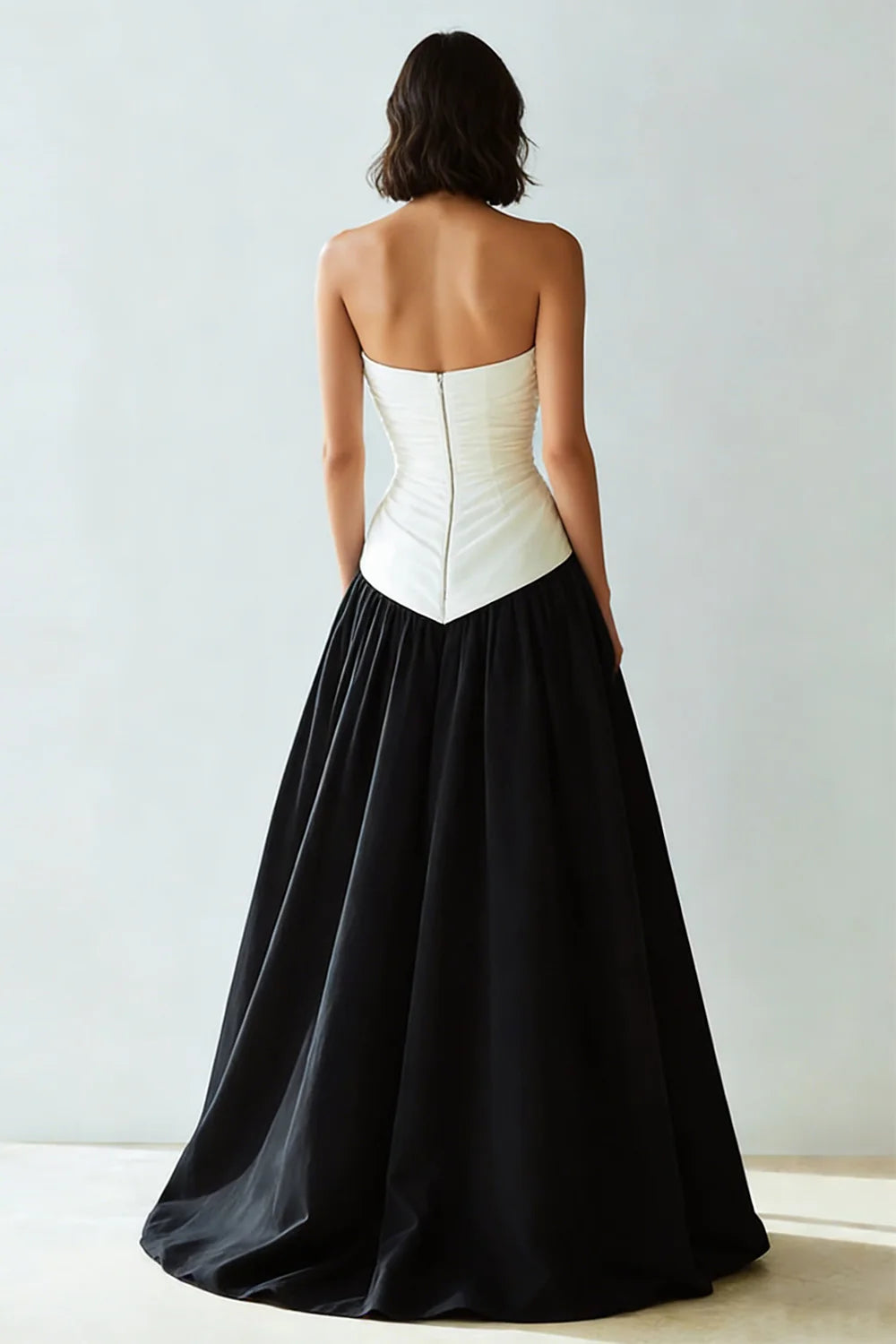 Black & Ivory Satin Ball Gown Sweetheart Zipper Back Floor-Length Dress