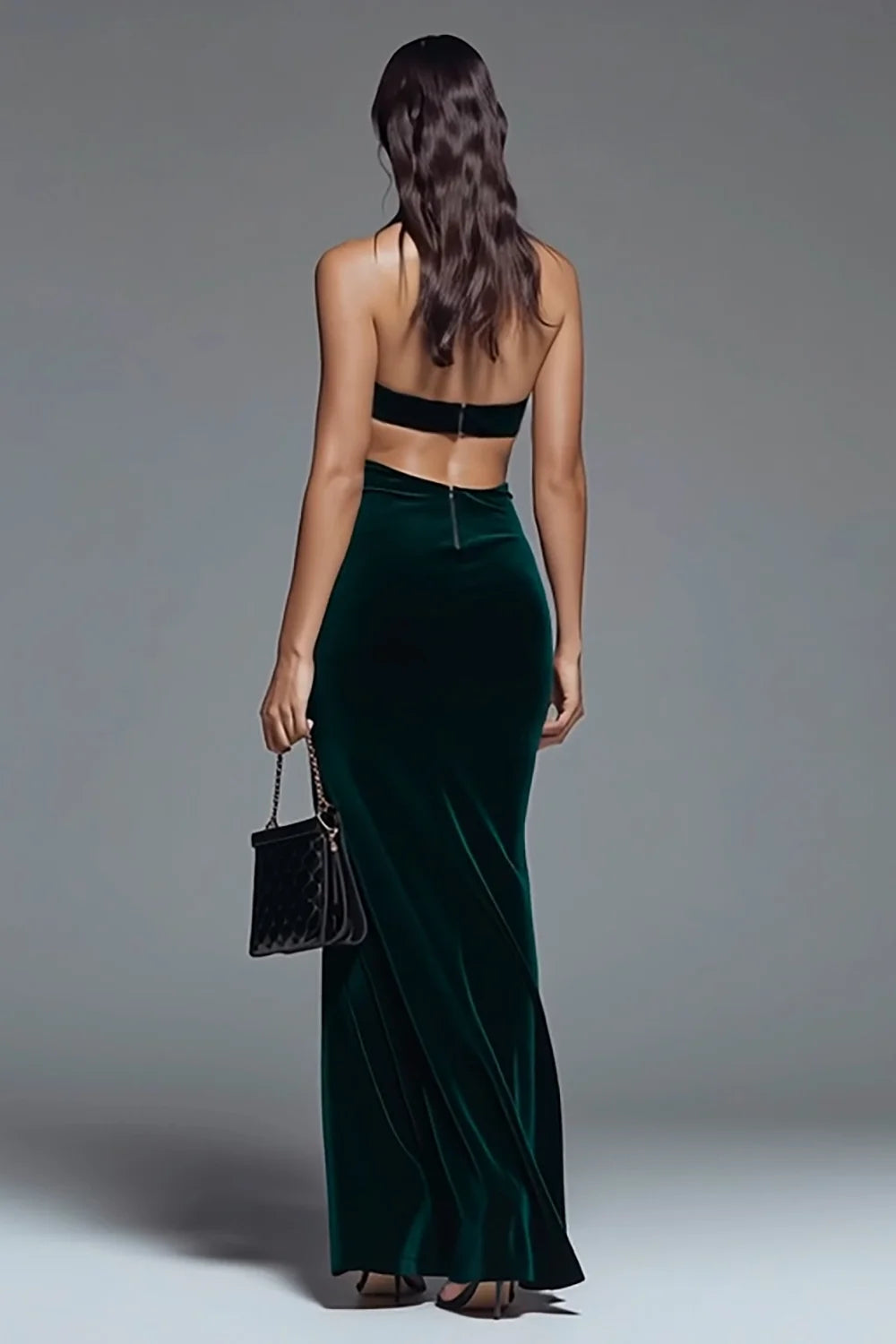 Forest Green Velvet Sheath Halter Open Back Floor-Length Dress