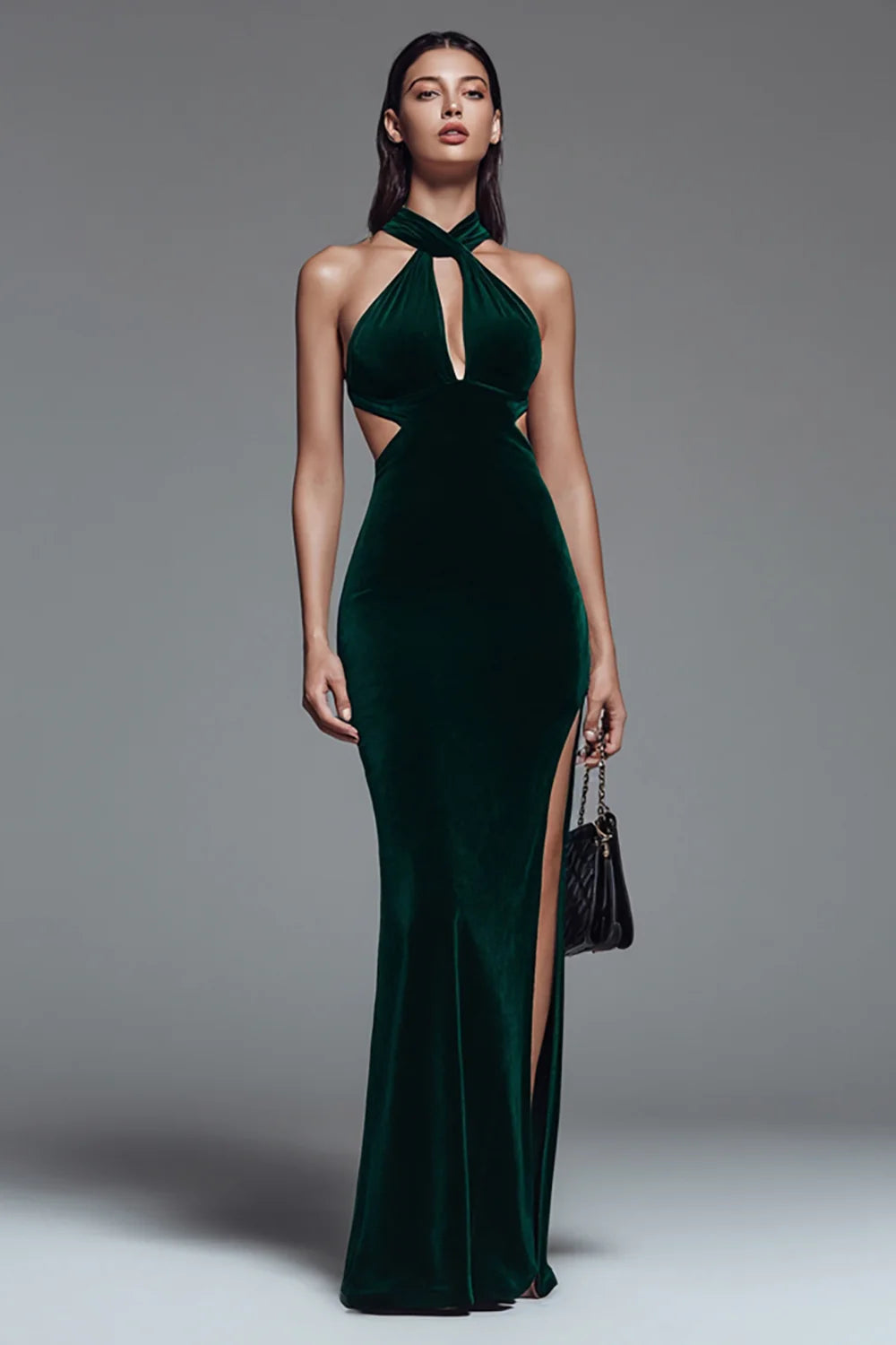 Forest Green Velvet Sheath Halter Open Back Floor-Length Dress