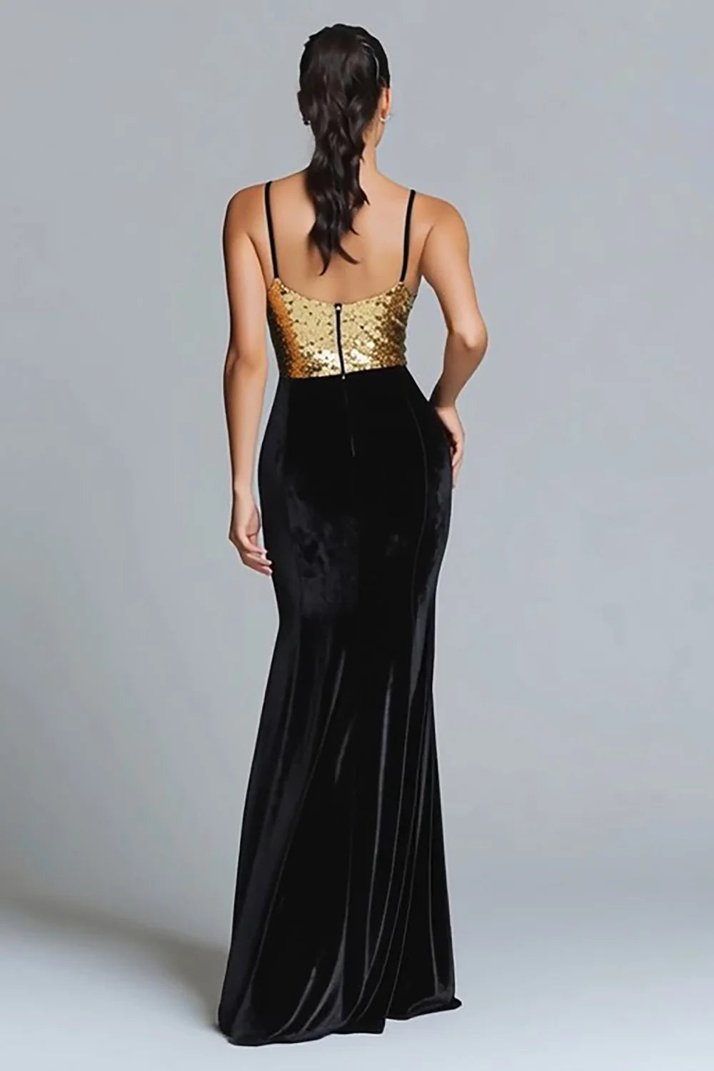 Black Gold Sequin & Velvet Mermaid Plunging V-Neck Floor Length Dress