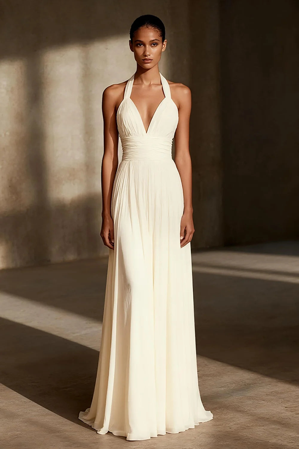 Ivory Chiffon A-Line Halter neckline Criss-Cross Straps Floor-Length Dress