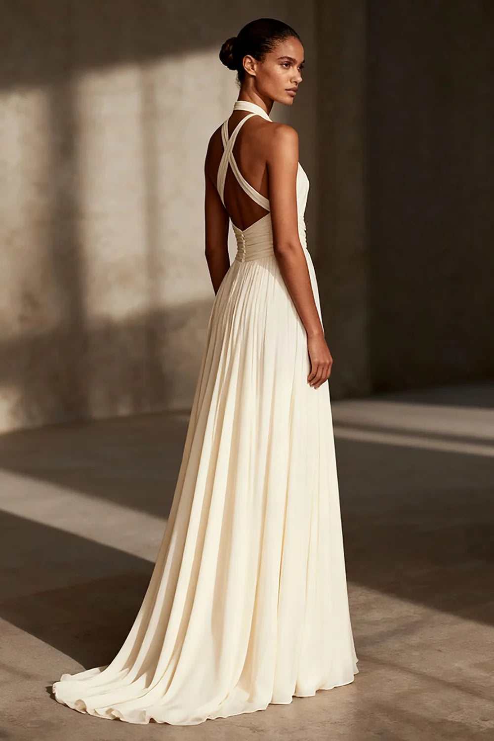 Ivory Chiffon A-Line Halter neckline Criss-Cross Straps Floor-Length Dress