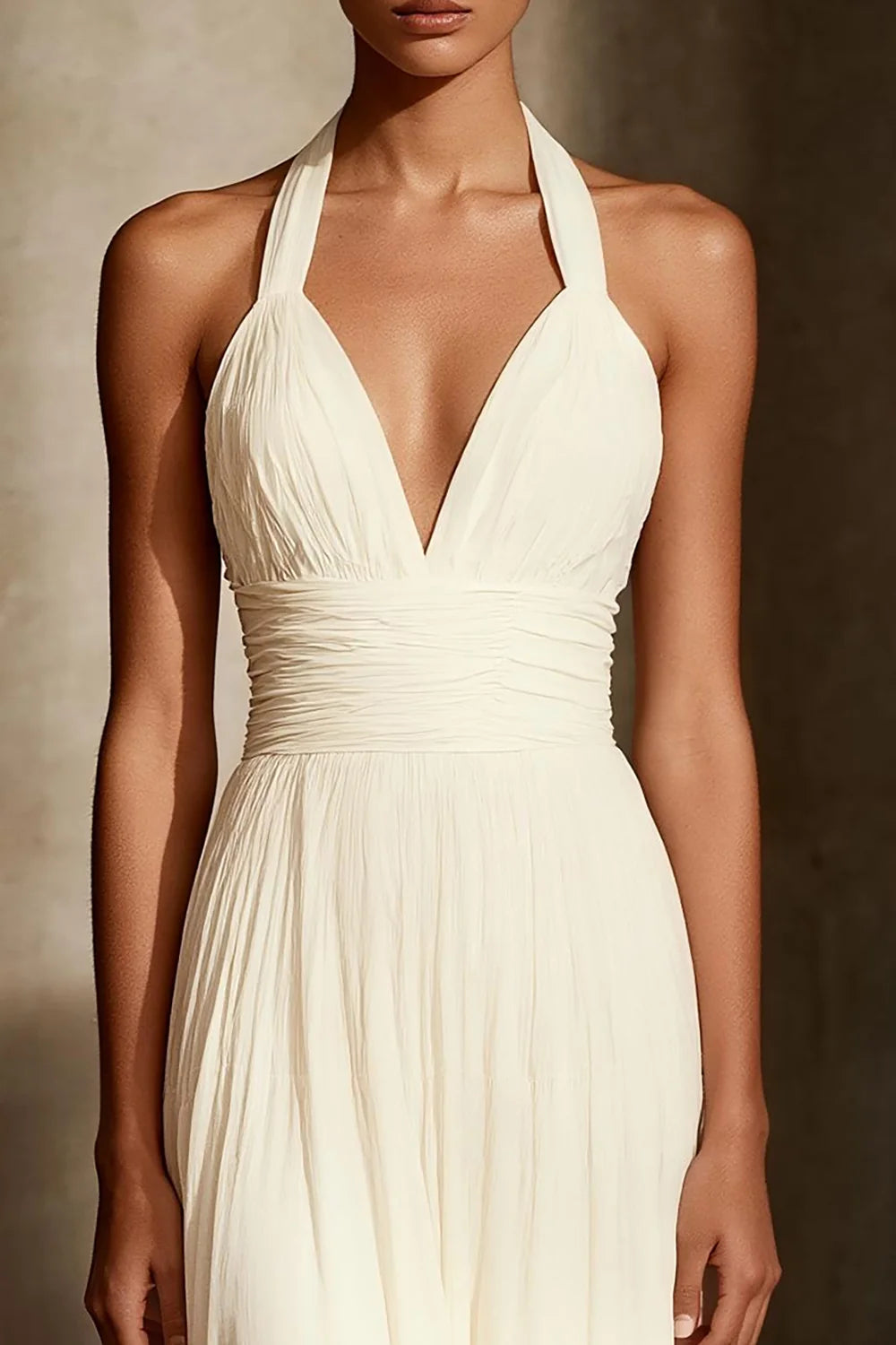 Ivory Chiffon A-Line Halter neckline Criss-Cross Straps Floor-Length Dress