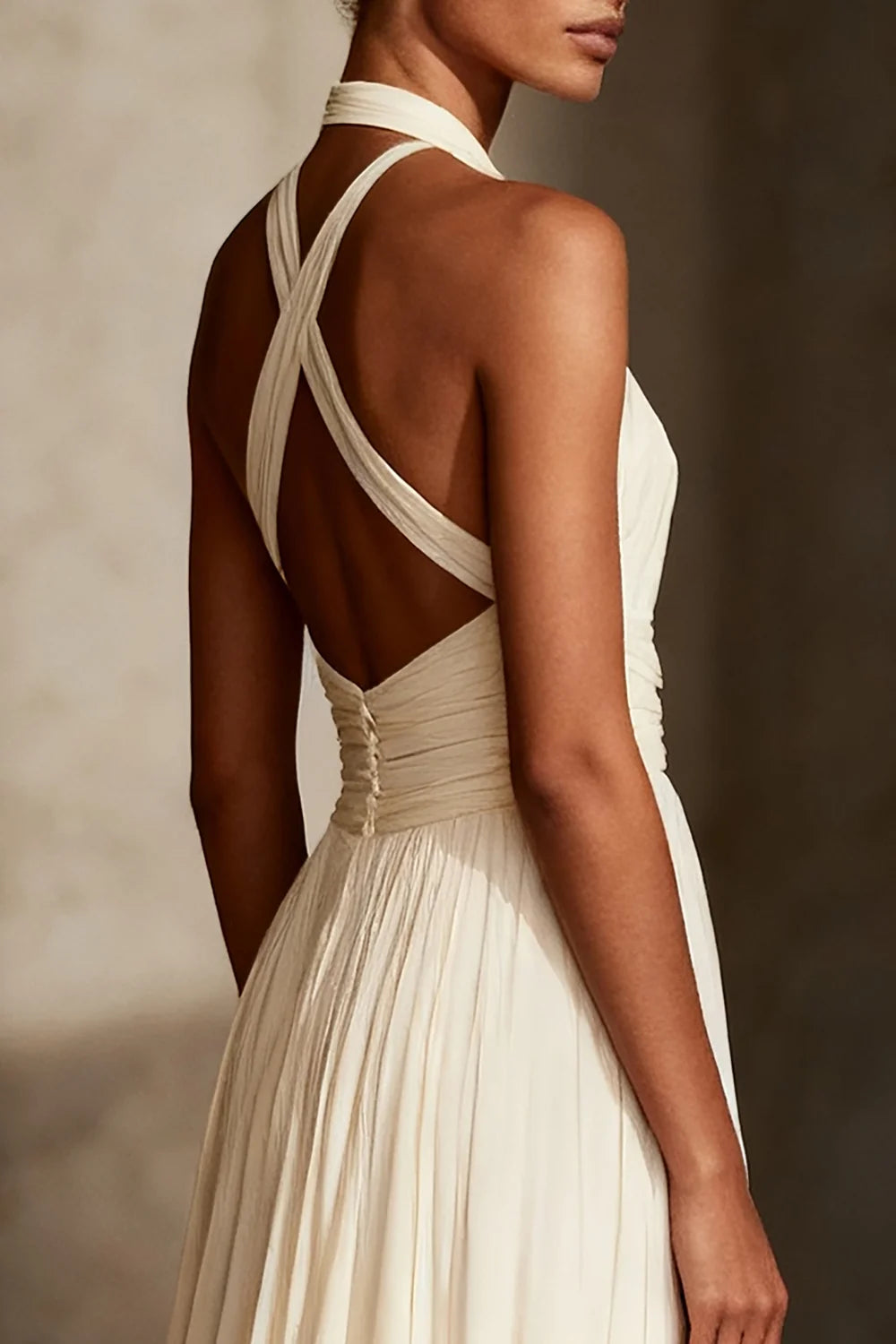 Ivory Chiffon A-Line Halter neckline Criss-Cross Straps Floor-Length Dress
