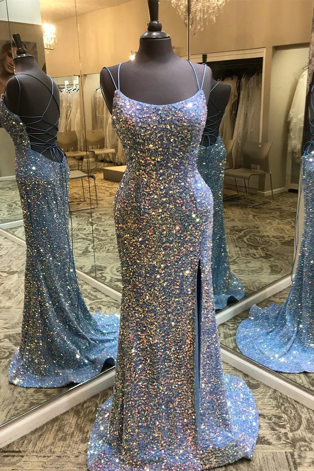 Weitese Sparkly Mermaid Spaghetti Straps Blue Sequins Long Prom Dress with Criss Cross Back