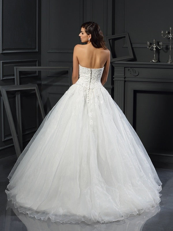 Sweetheart Beading Sleeveless Long Tulle Wedding Dresses