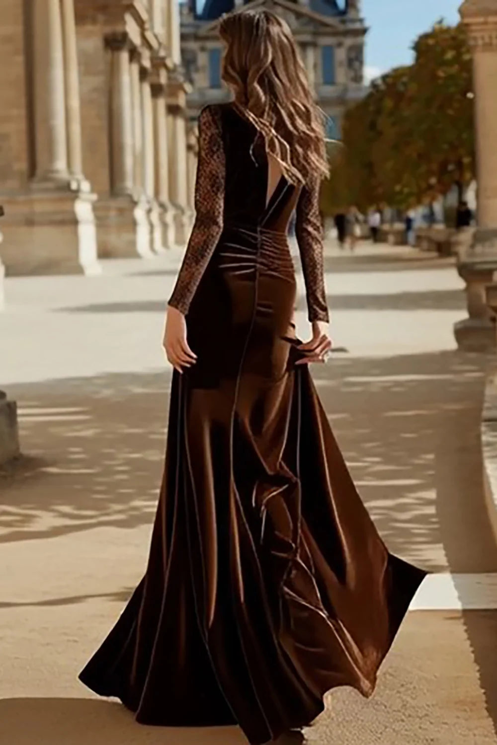 Espresso Velvet Sheath V-Neck V-Back Floor-Length Dress