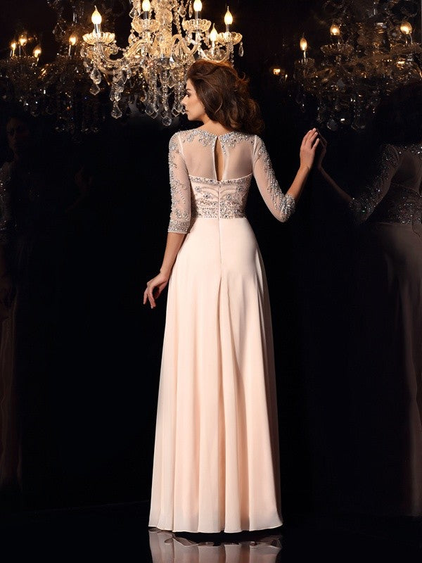 Scoop Beading 3/4 Sleeves Long Chiffon Dresses