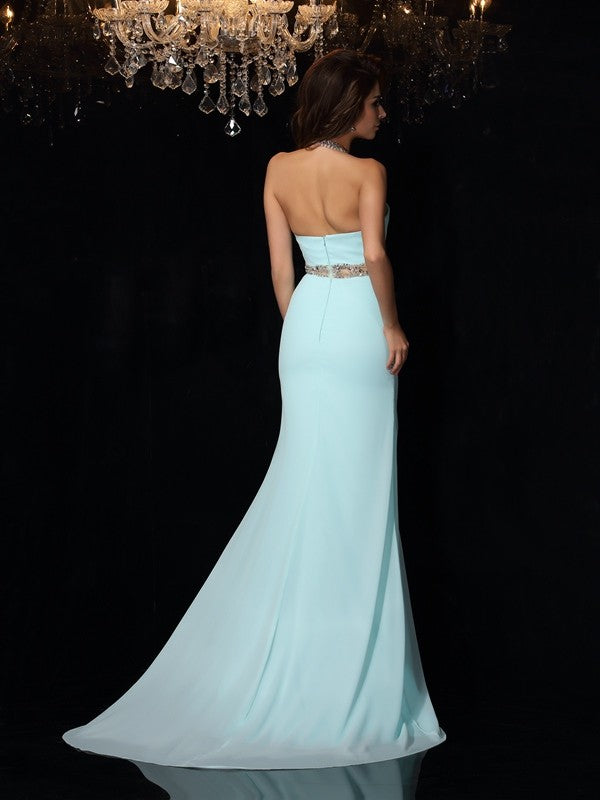 High Neck Beading Sleeveless Long Chiffon Dresses