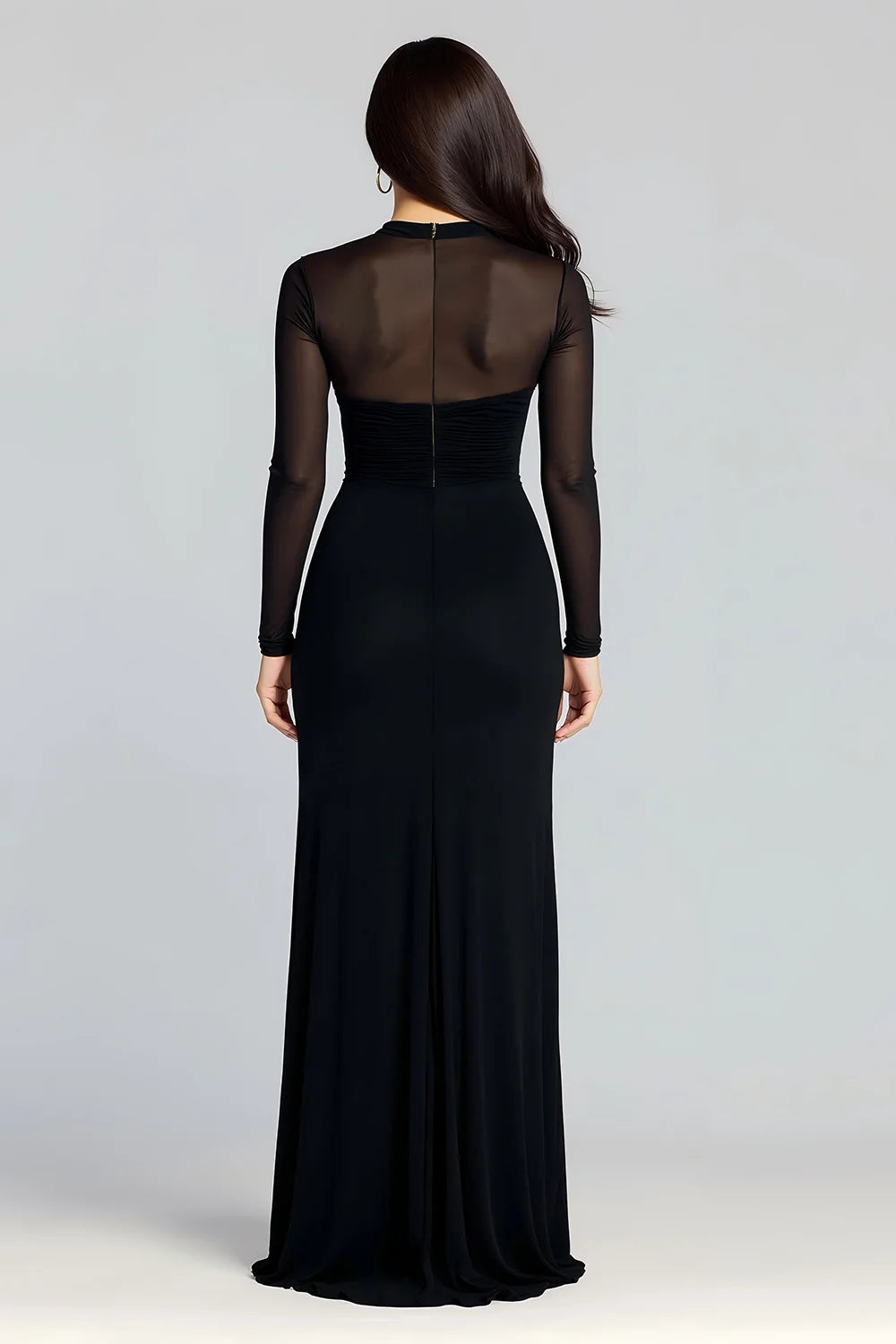 Black Mesh & Stretch Knit Sheath High Neck Illusion Back Floor-Length Dress