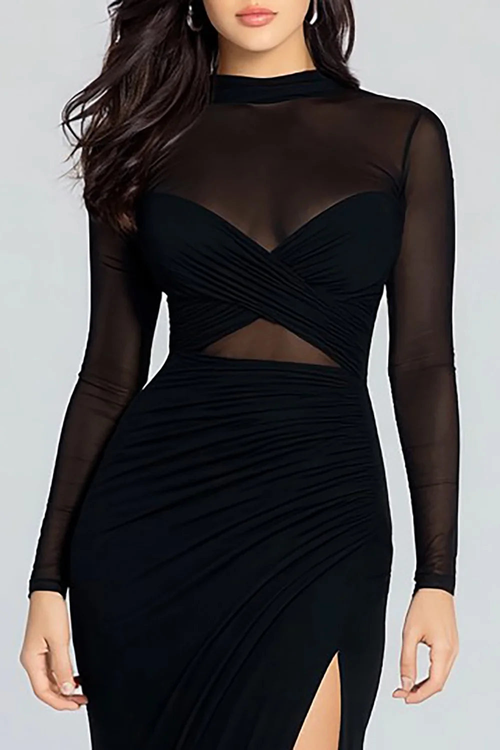Black Mesh & Stretch Knit Sheath High Neck Illusion Back Floor-Length Dress
