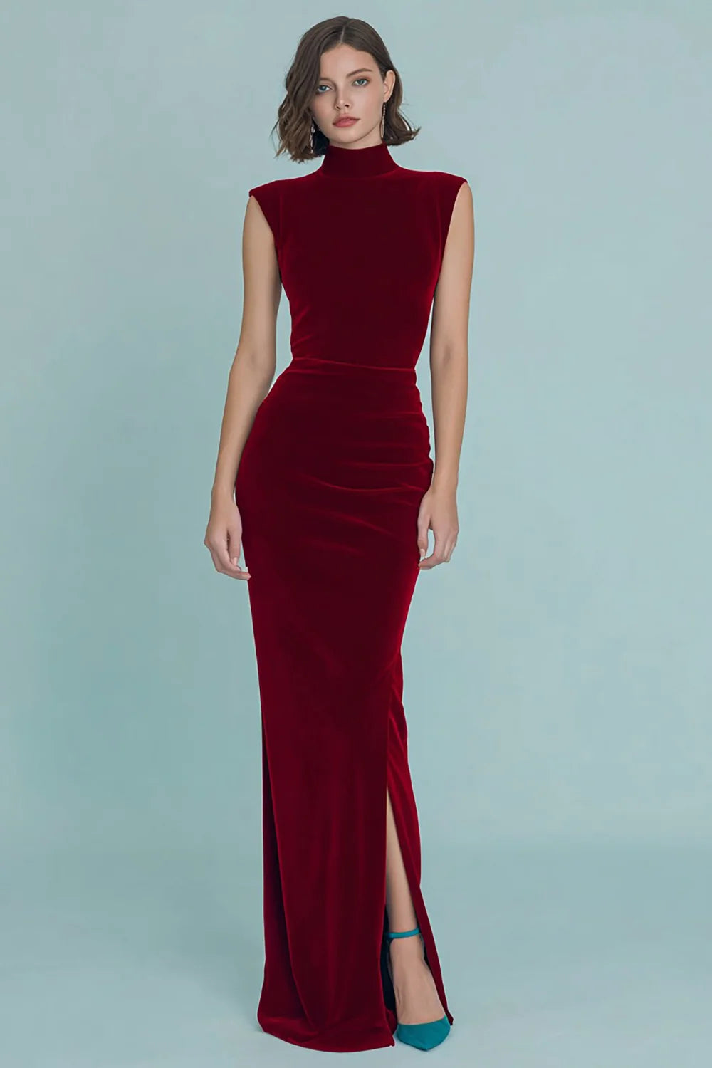 Burgundy Velvet Sheath High Neck High Back Floor-Length Dress