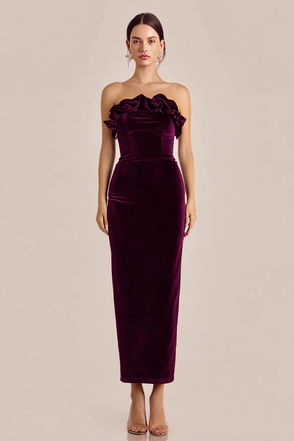 Plum Velvet sheath-column strapless zipper-back ankle-length Dress