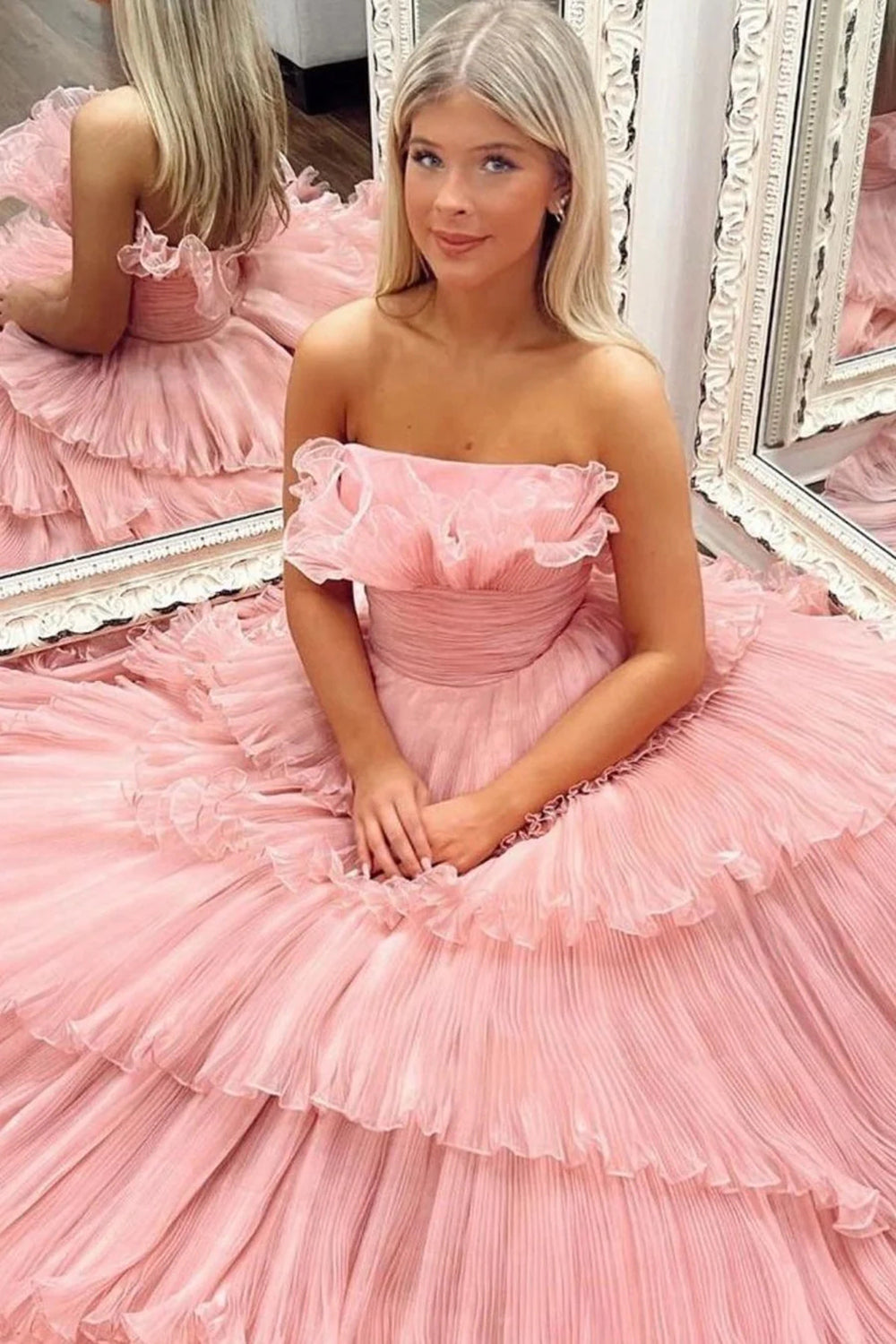 Weitese Beauty A Line Strapless Pink Long Prom Dress with Ruffles
