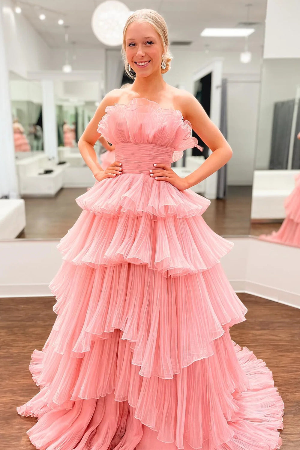 Weitese Beauty A Line Strapless Pink Long Prom Dress with Ruffles