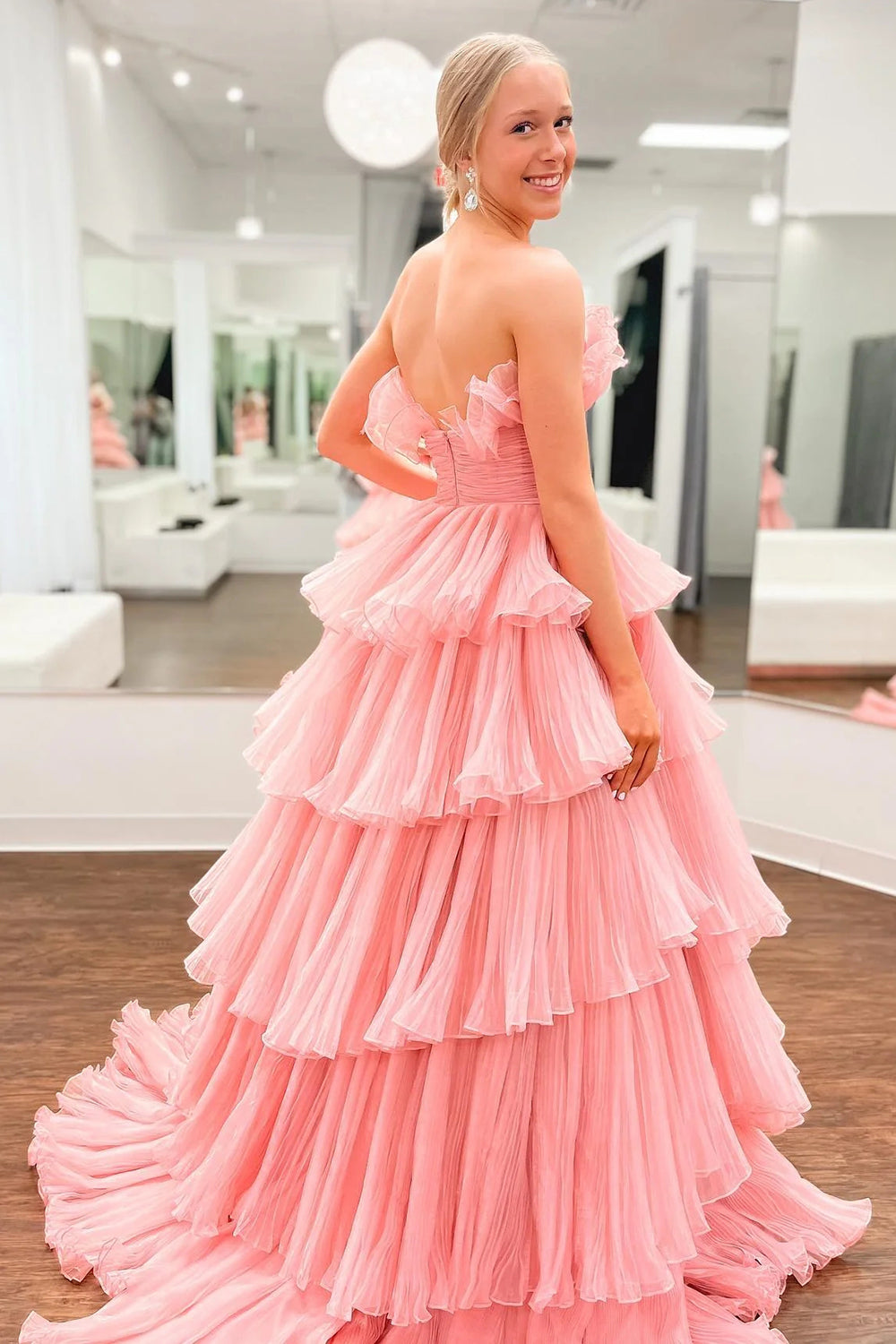 Weitese Beauty A Line Strapless Pink Long Prom Dress with Ruffles