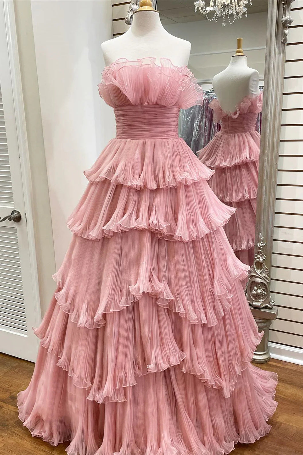 Weitese Beauty A Line Strapless Pink Long Prom Dress with Ruffles