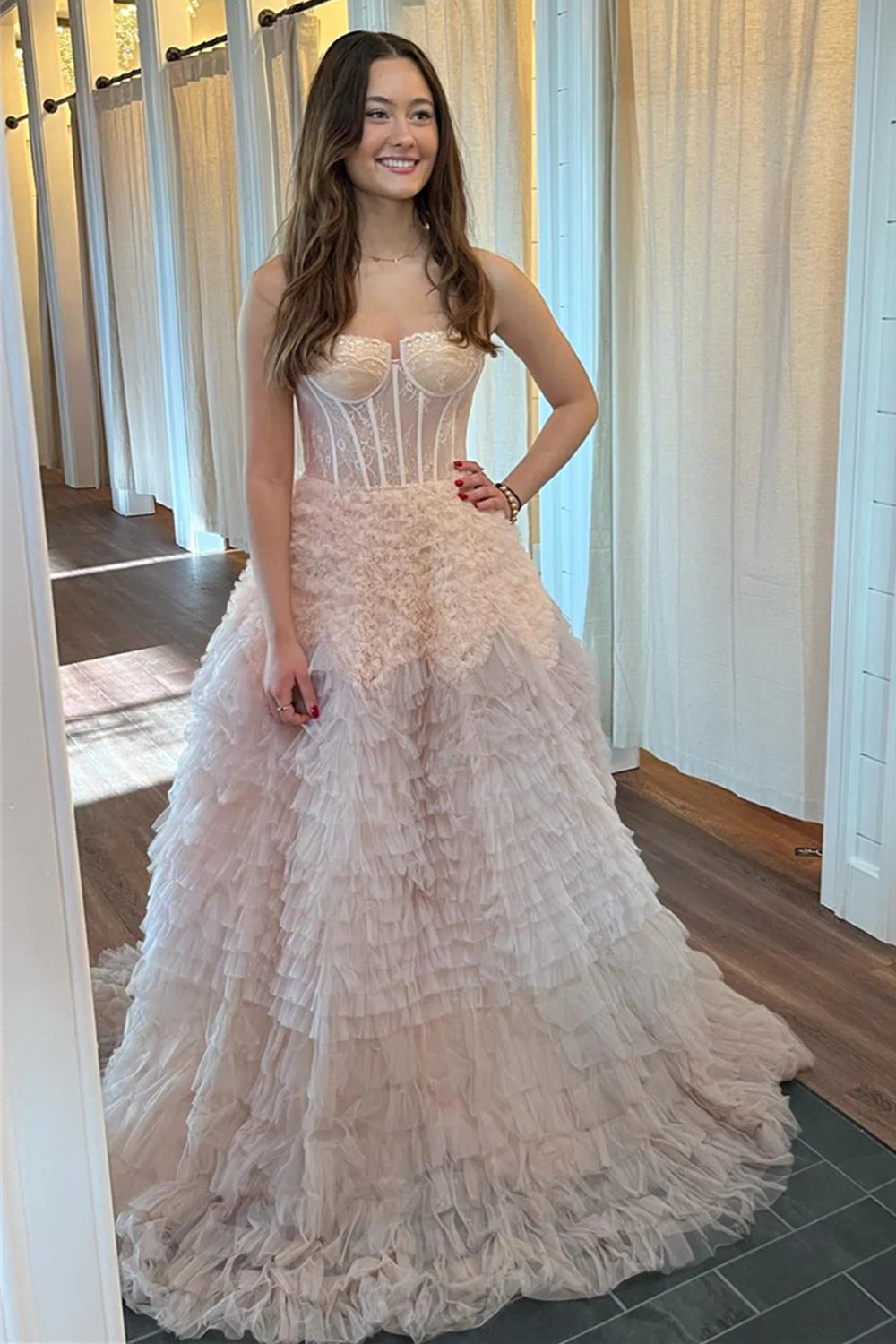 Weitese Princess A Line Sweetheart Light Pink Corset Prom Dress with Ruffles