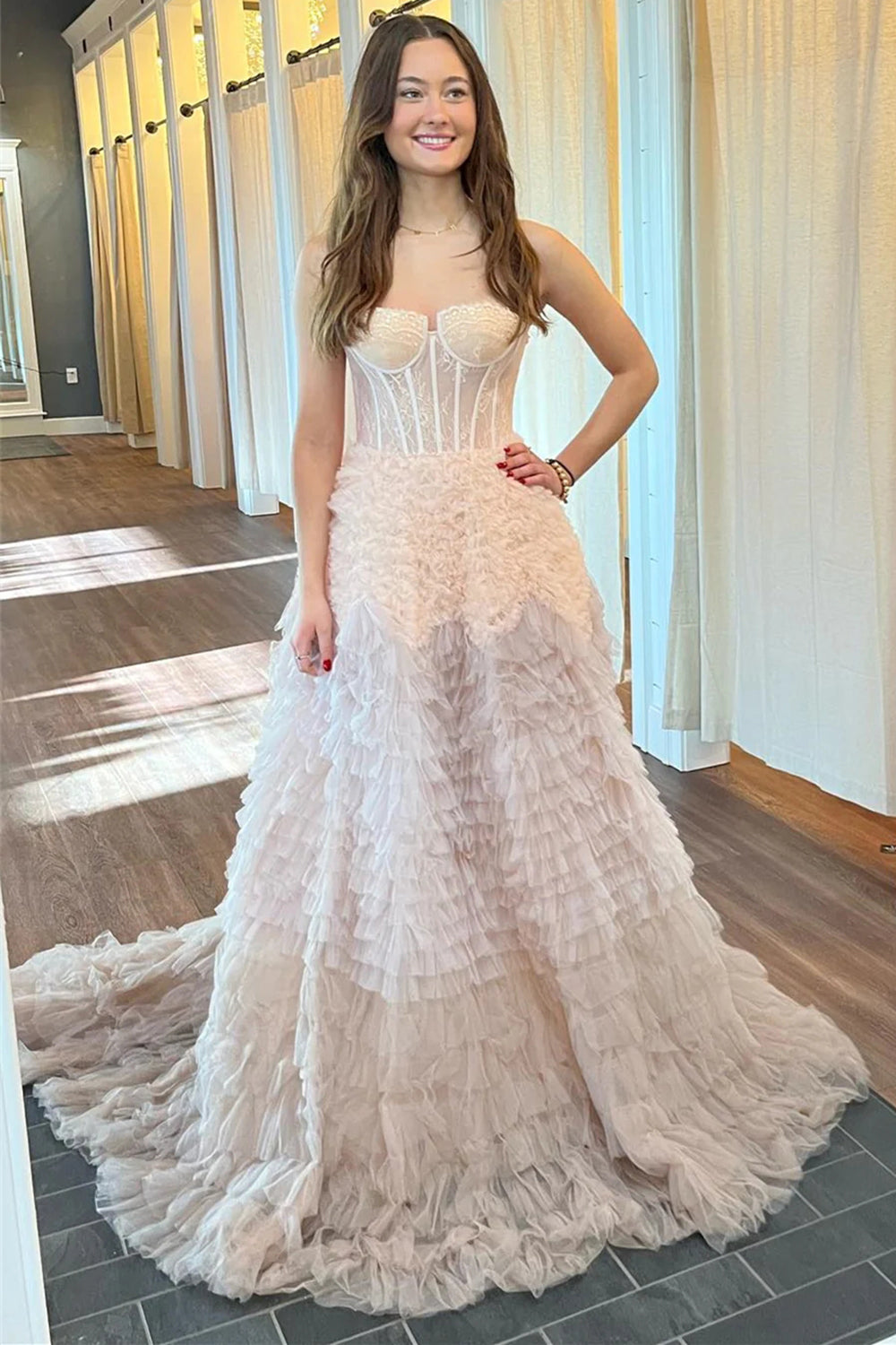 Weitese Princess A Line Sweetheart Light Pink Corset Prom Dress with Ruffles