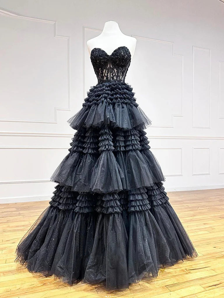 Black Sweetheart Neck Tulle Lace Long Prom Dress