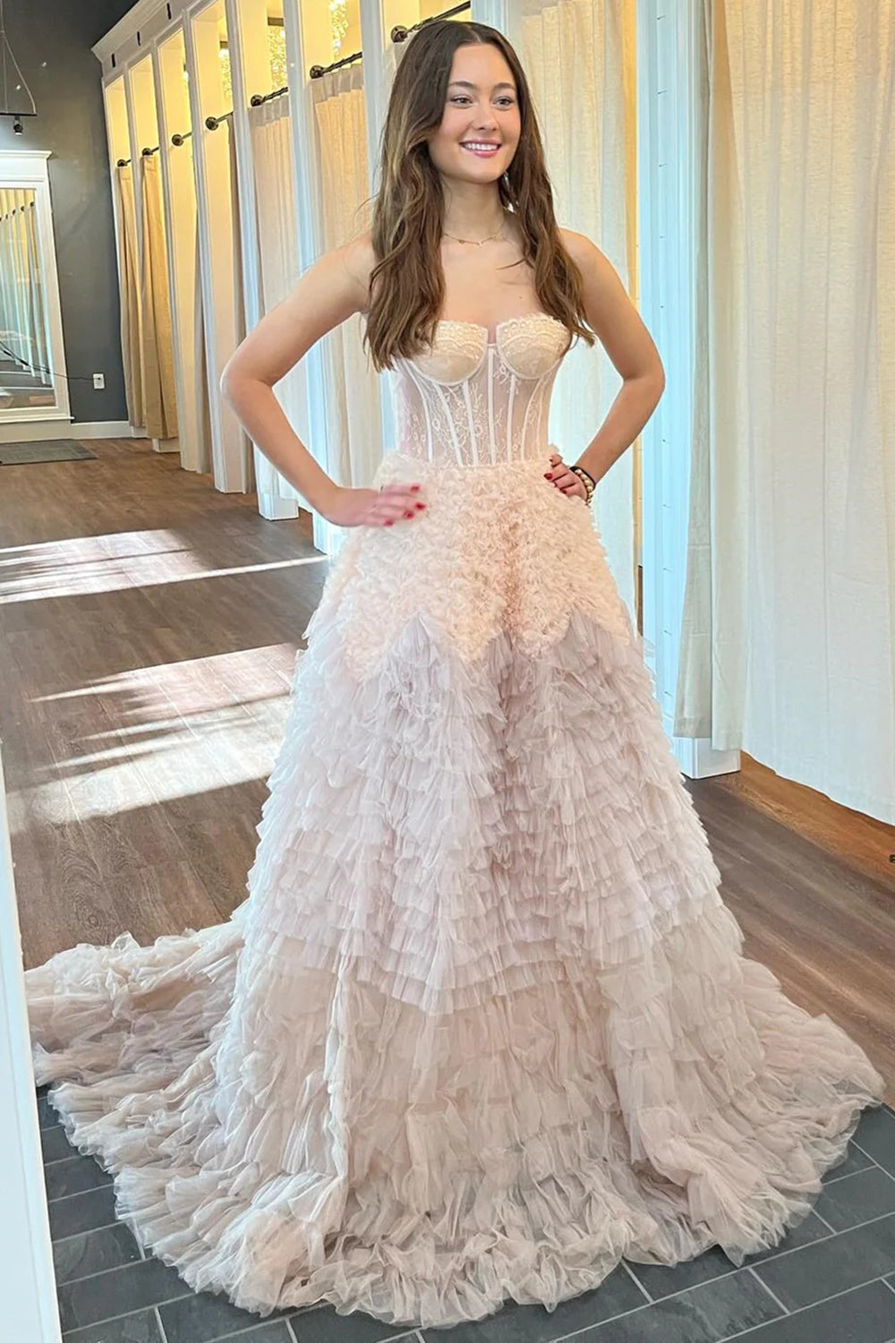 Weitese Princess A Line Sweetheart Light Pink Corset Prom Dress with Ruffles