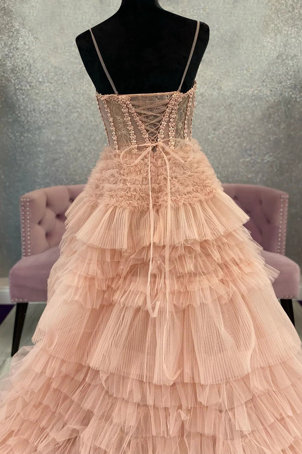 Weitese Charming A Line Spaghetti Straps Light Pink Corset Prom Dress with Ruffles