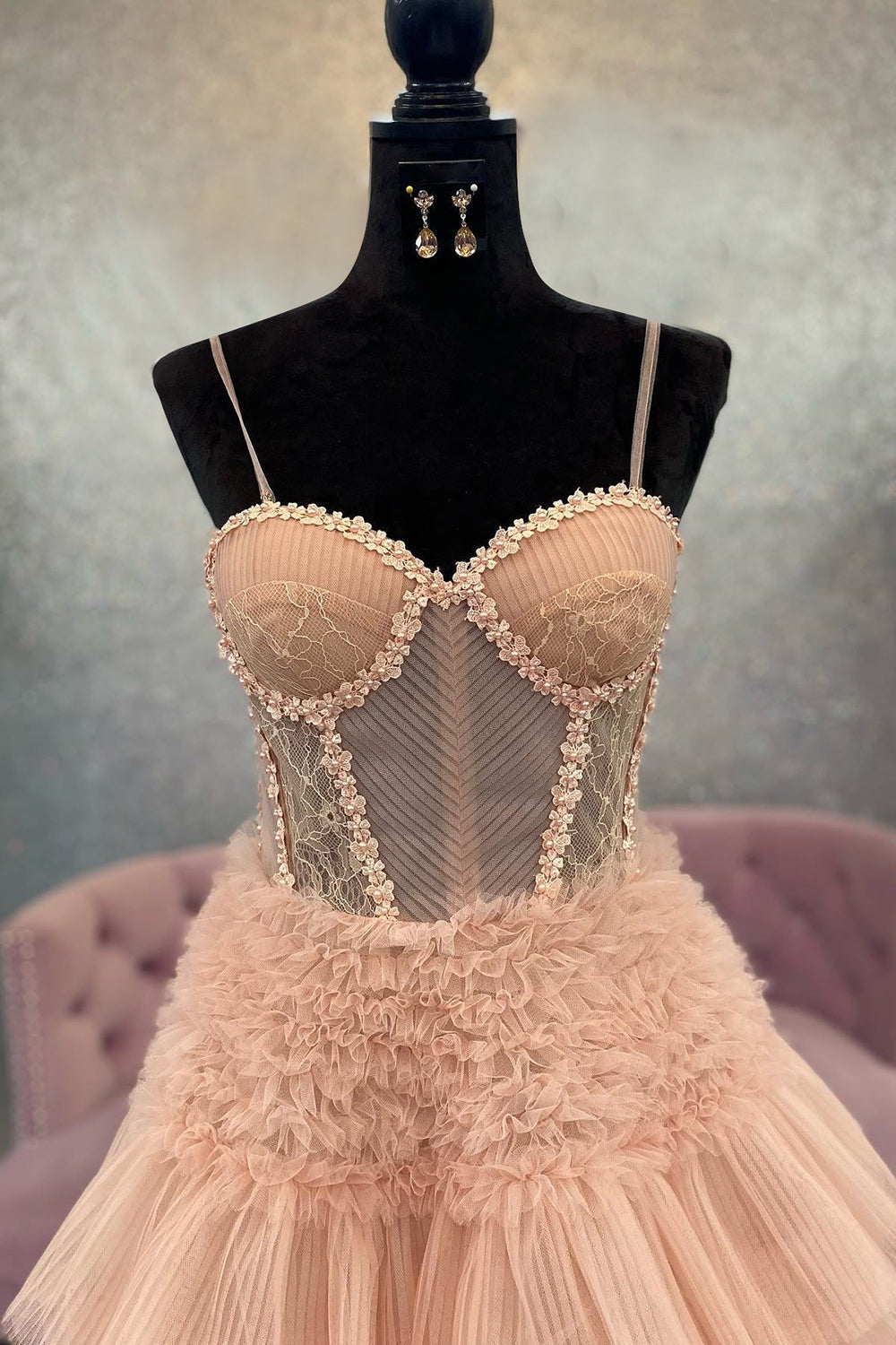 Weitese Charming A Line Spaghetti Straps Light Pink Corset Prom Dress with Ruffles