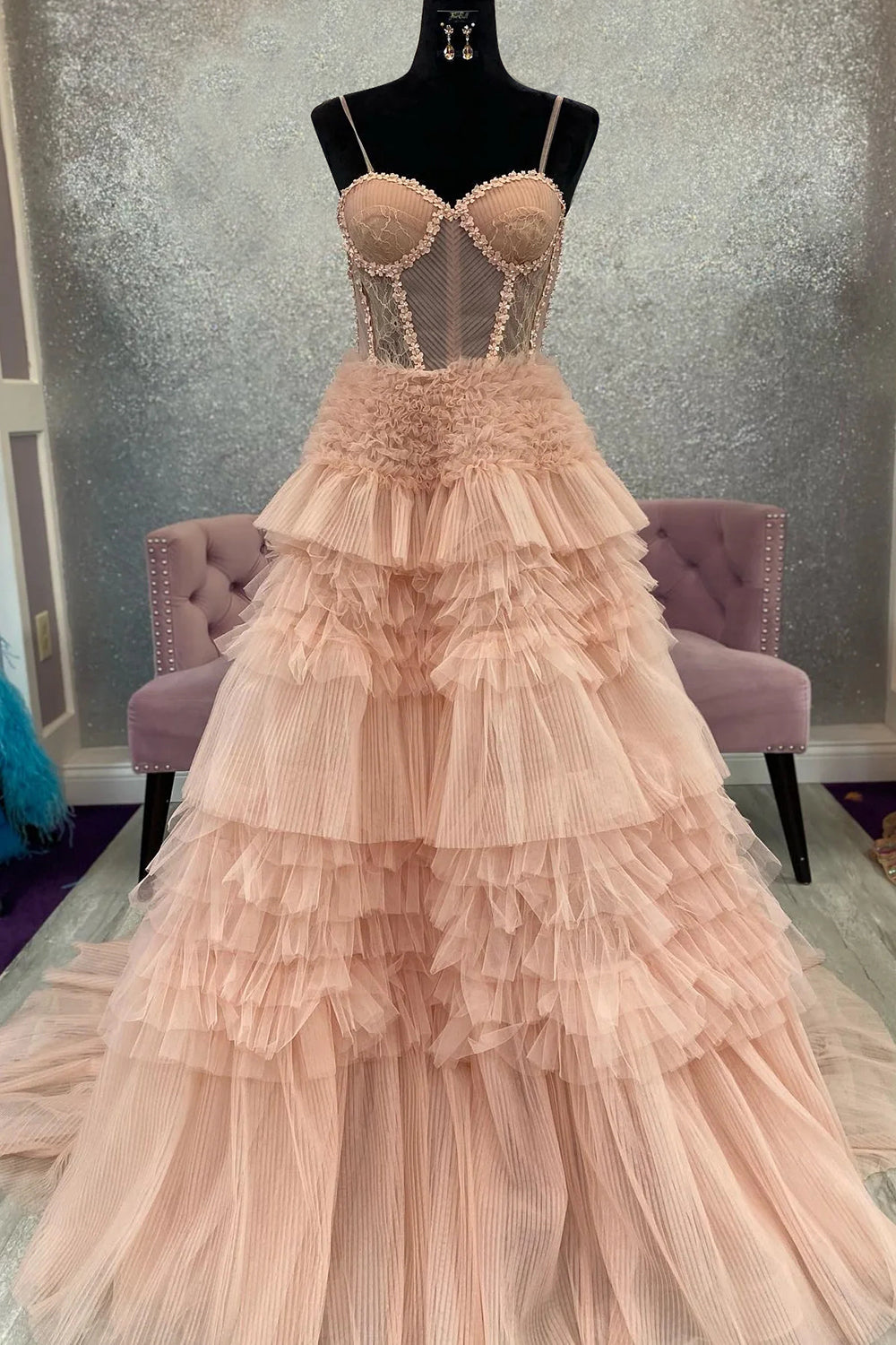 Weitese Charming A Line Spaghetti Straps Light Pink Corset Prom Dress with Ruffles