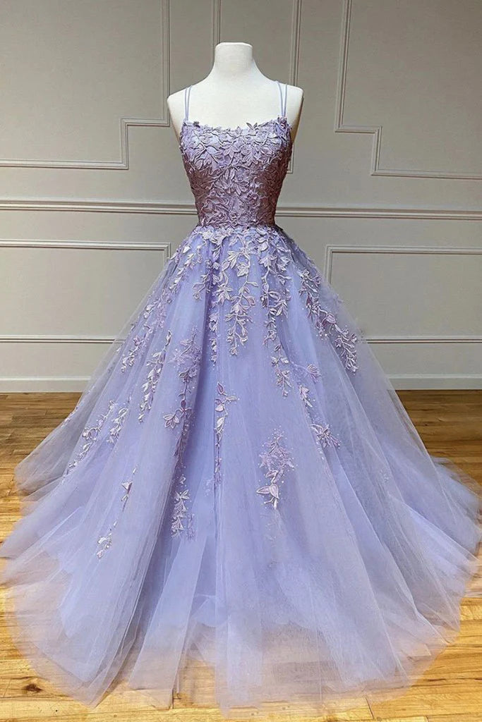 Purple tulle lace long Evening  dress