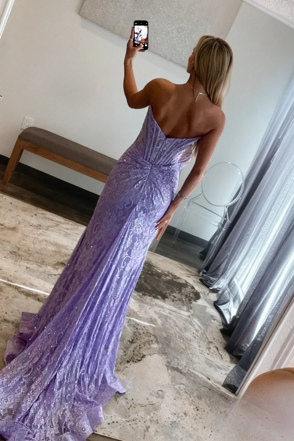 Lavender Sequin Lace Sheath Sweetheart V-Back Floor-Length Dress