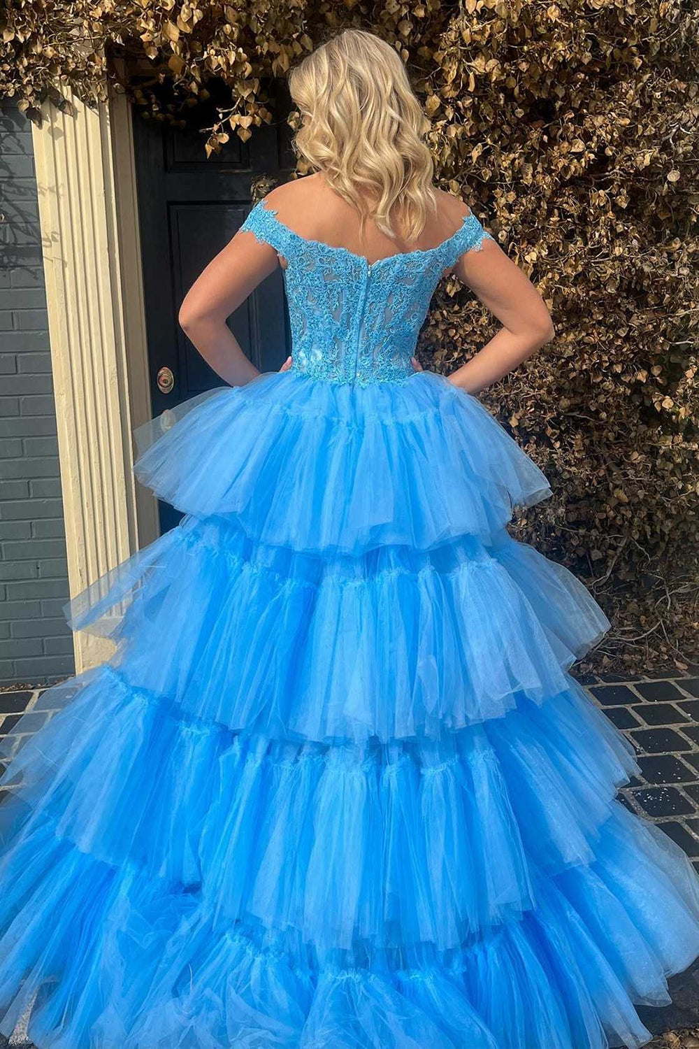Weitese Trendy High Low Off the Shoulder Blue Corset Prom Dress with Appliques