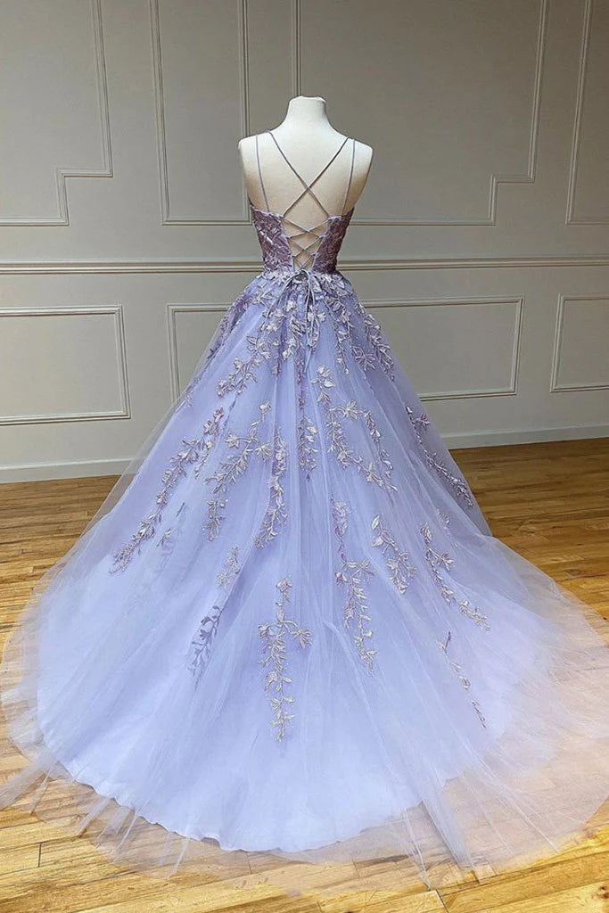 Purple tulle lace long Evening  dress