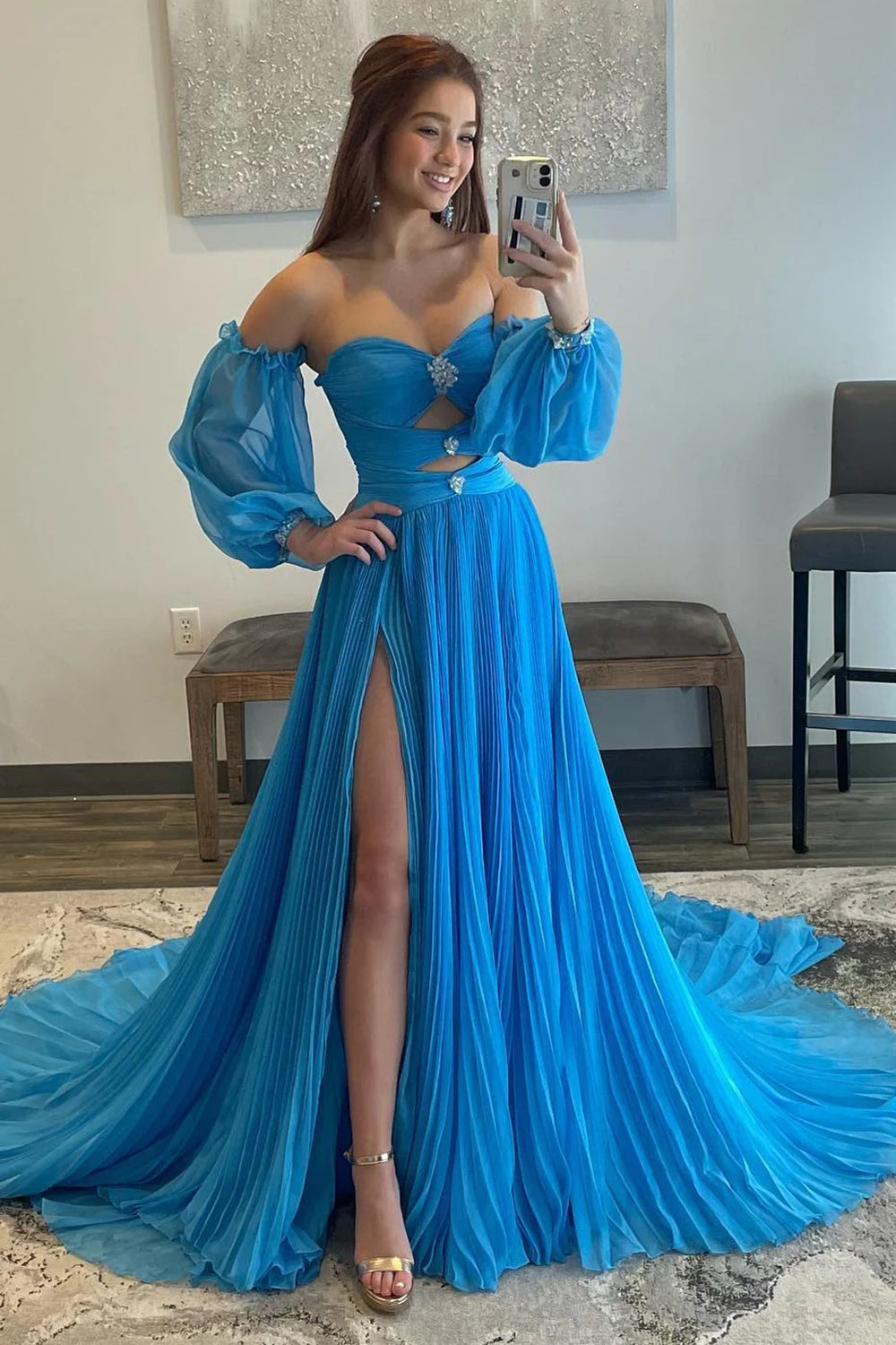 Weitese Stylish A Line Sweetheart Blue Long Prom Dress with Keyhole
