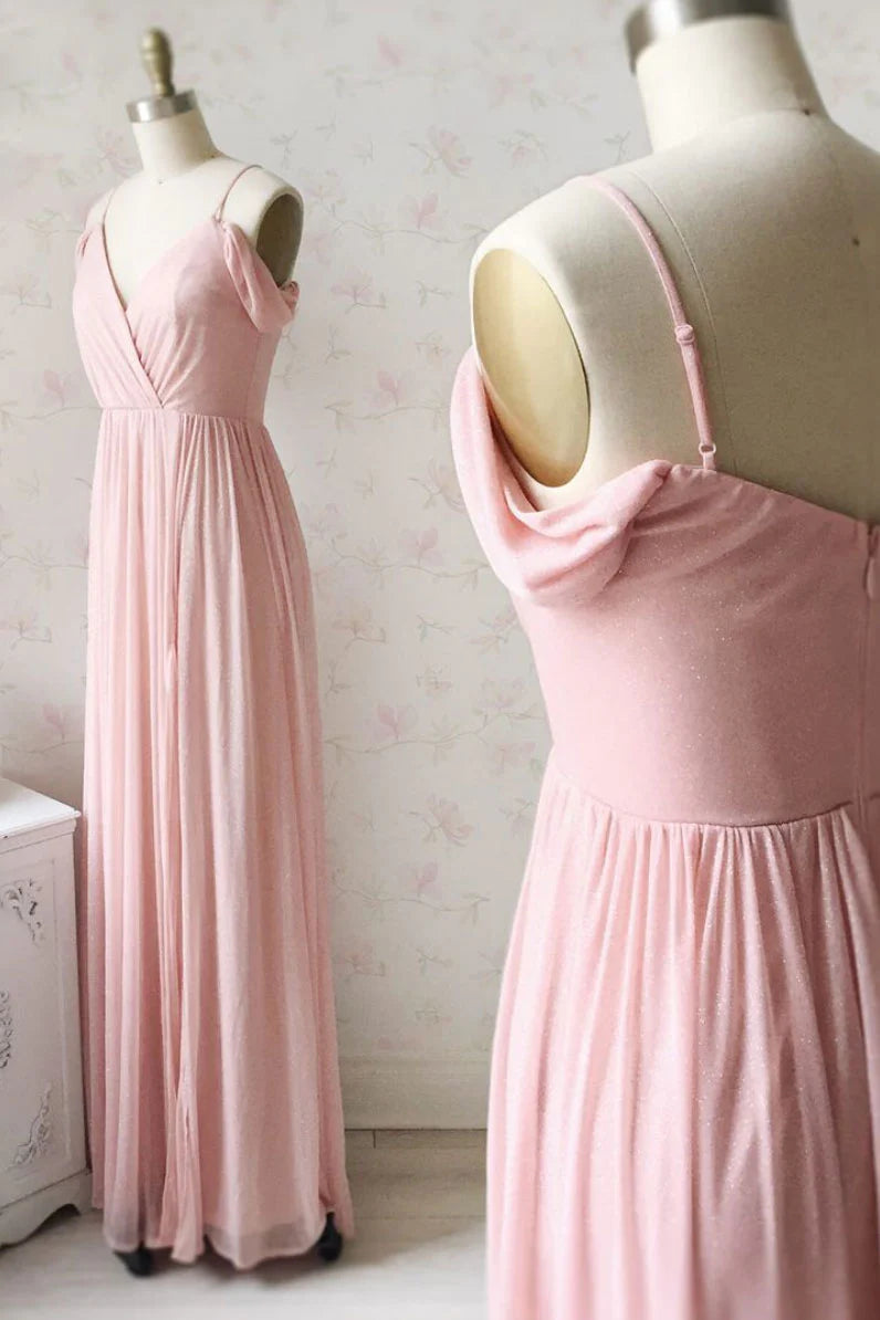 Simple v neck off shoulder pink prom Evening Dresses