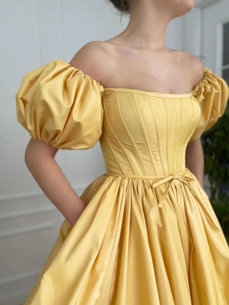 Simple yellow satin long Evening Dresses