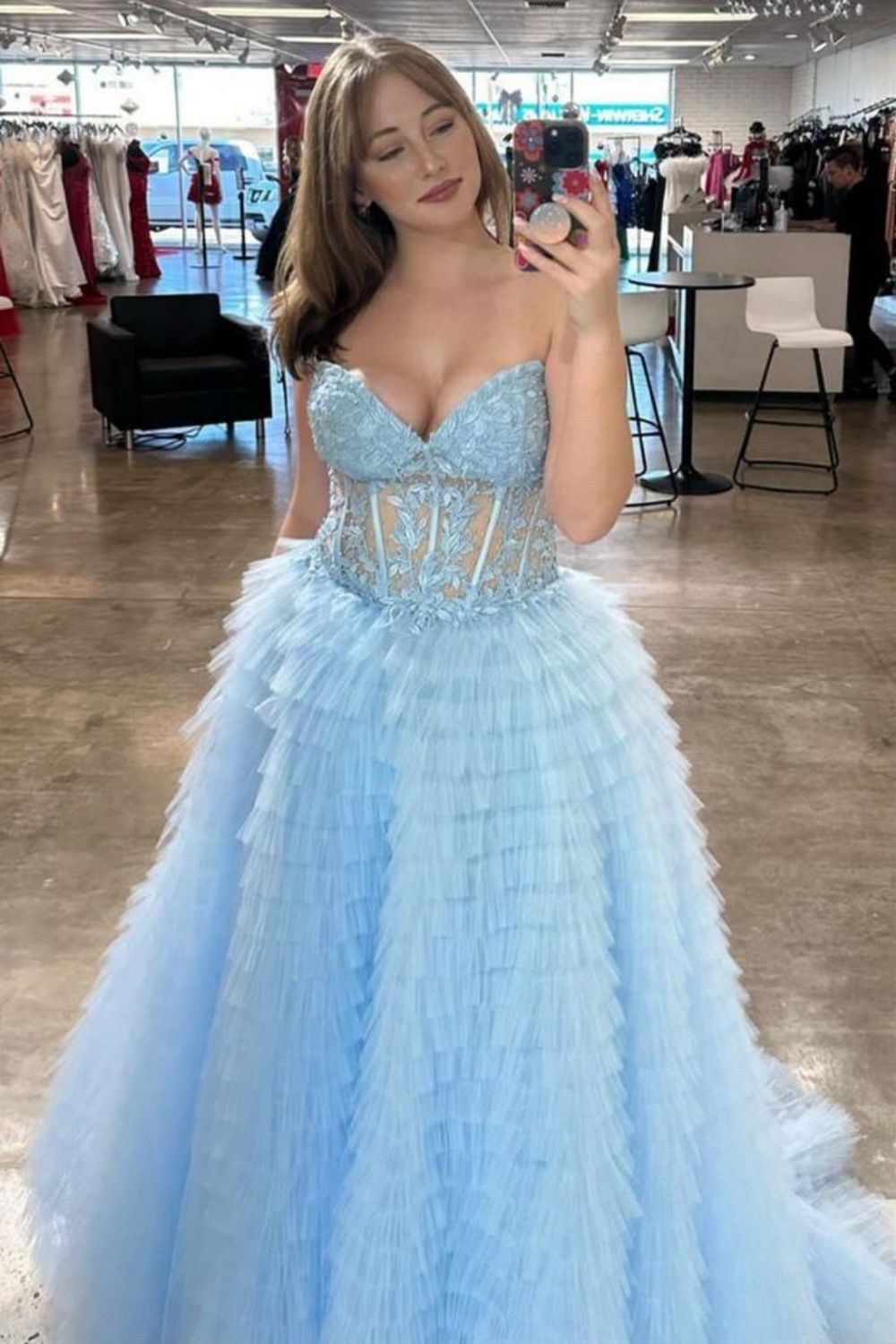 Weitese Charming A Line Sweetheart Blue Corset Prom Dress with Appliques