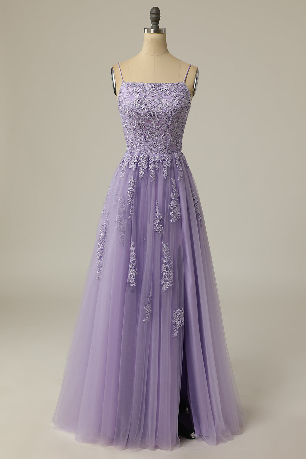 Weitese Gorgeous A Line Spaghetti Straps Lavender Long Prom Dress with Appliques