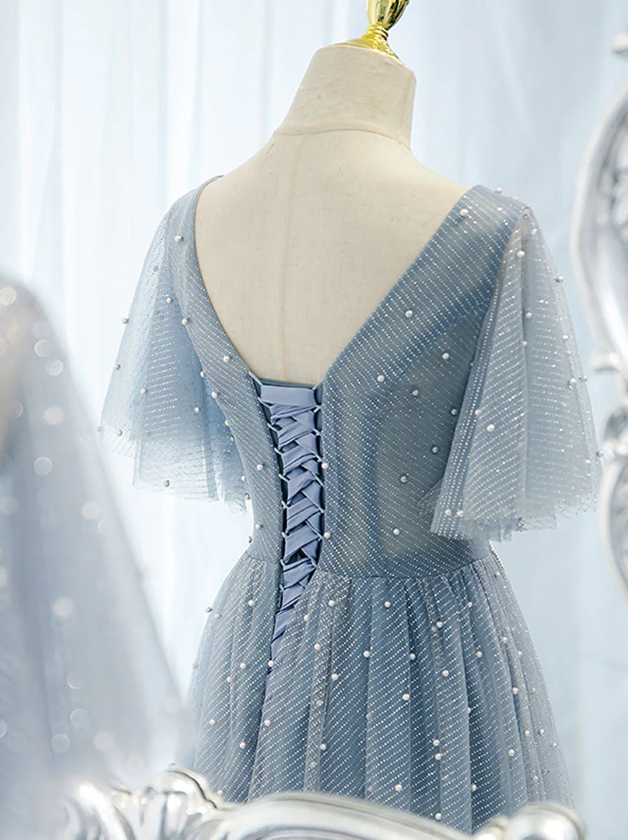 Bow Backless Blue V Neck Tulle Beads Long Evening Prom Dresses