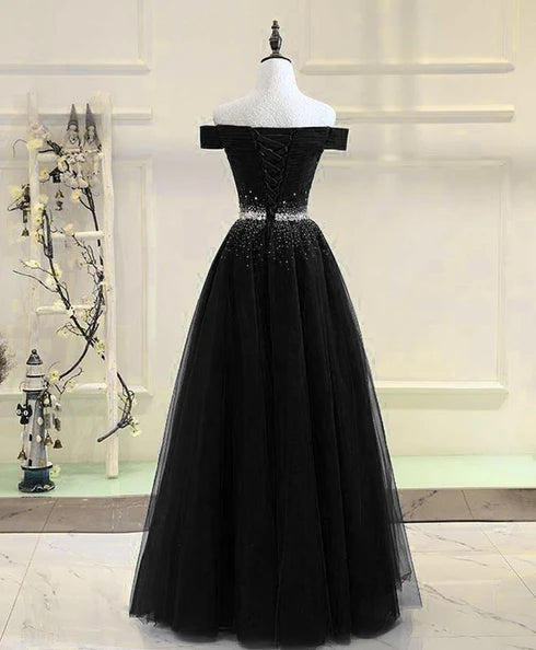 Sparkly Off Shoulder Black Tulle Beaded Waist Ball Gown