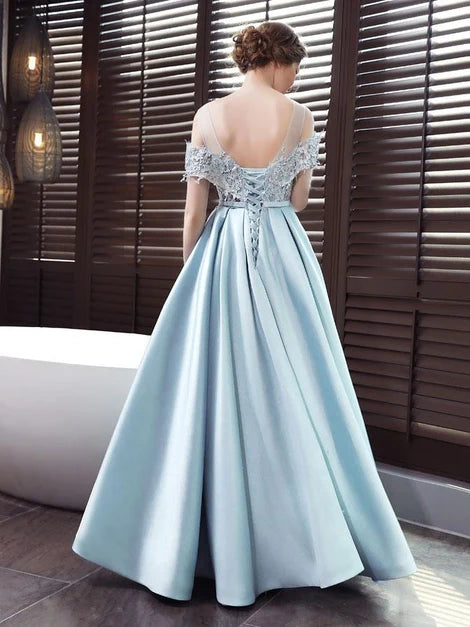 Light Blue Off Shoulder Lace Applique Satin A Line Prom Dress With Pockets