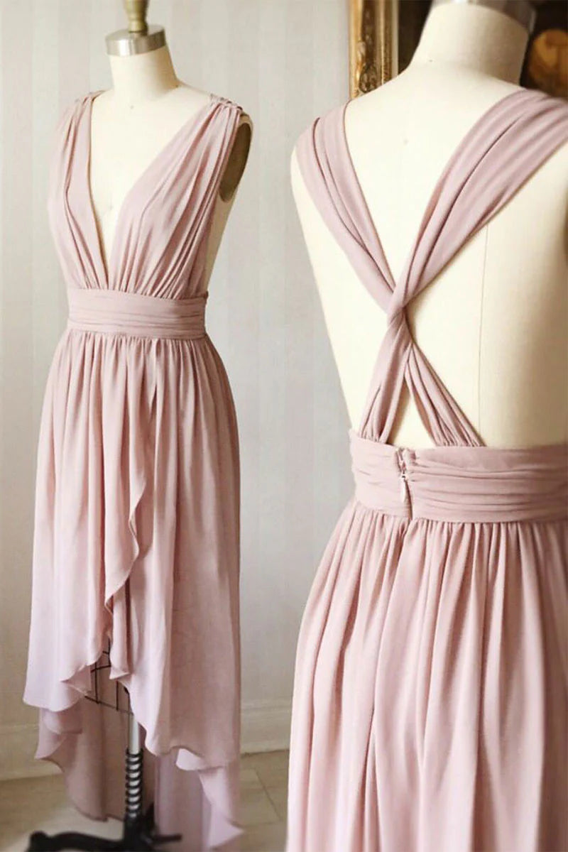 robe de soirée courte rose simple à col en V