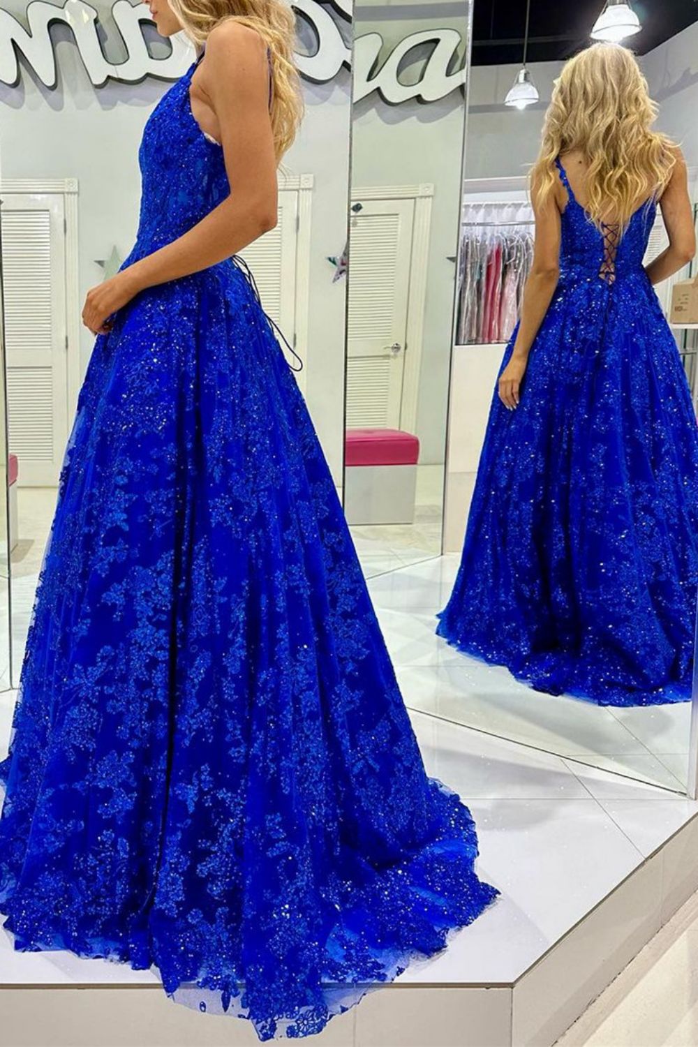 Weitese Gorgeous A Line Spaghetti Straps Royal Blue Long Prom Dress with Appliques