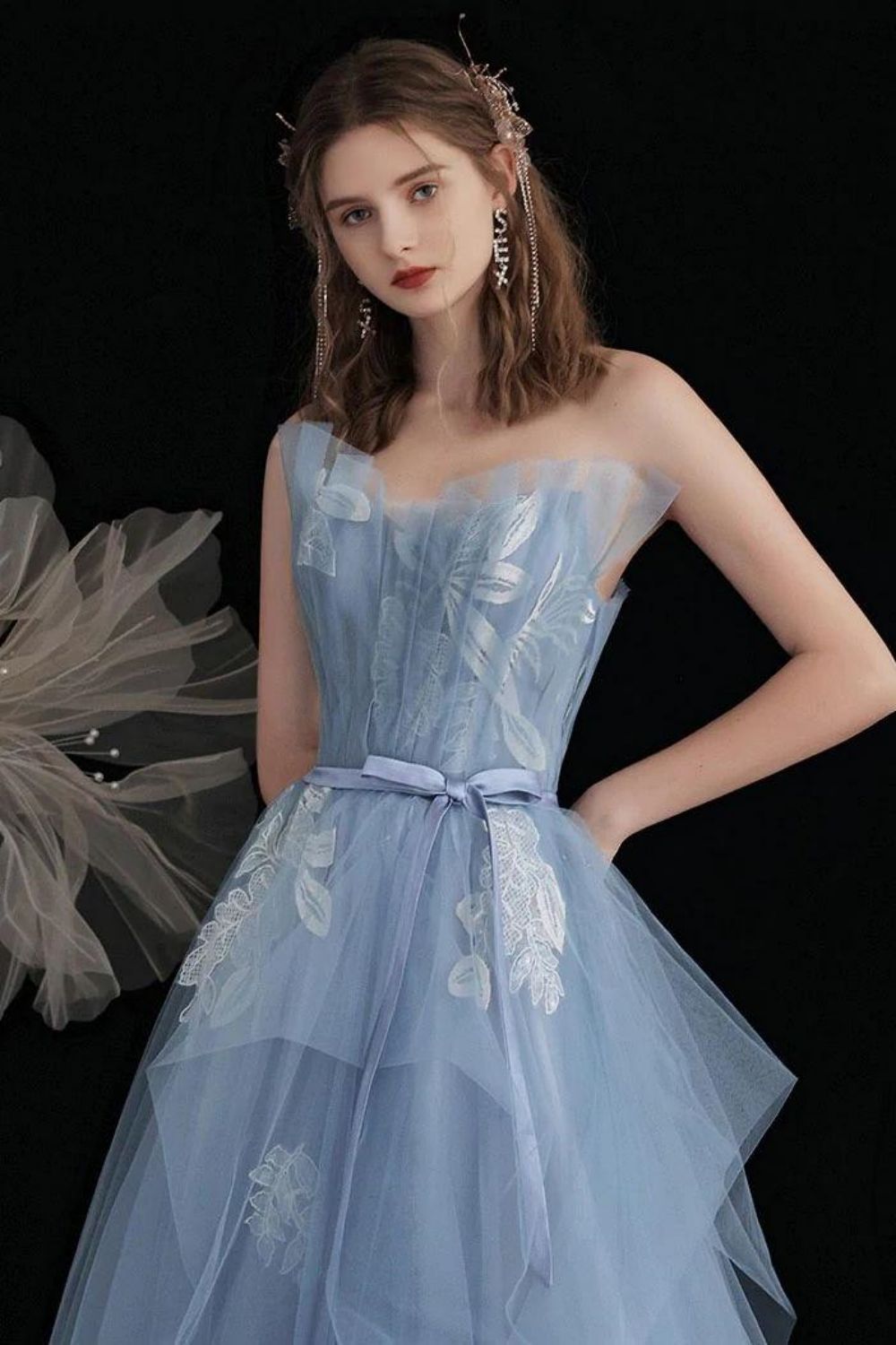 Weitese Princess A Line Strapless Blue Long Prom Dress with Appliques