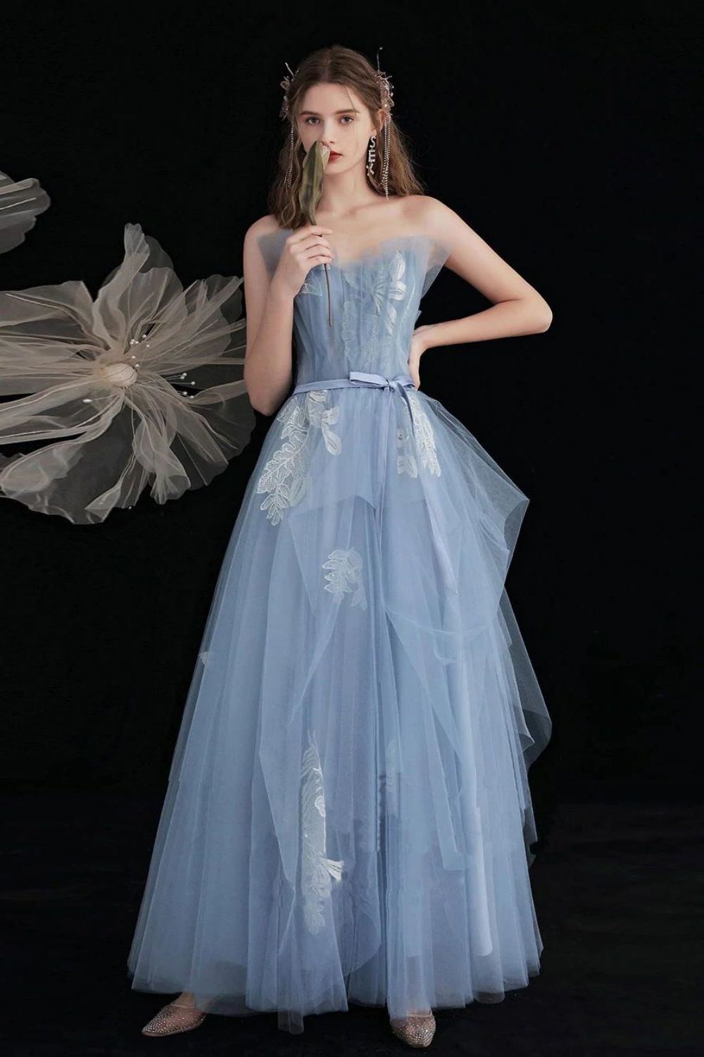 Weitese Princess A Line Strapless Blue Long Prom Dress with Appliques