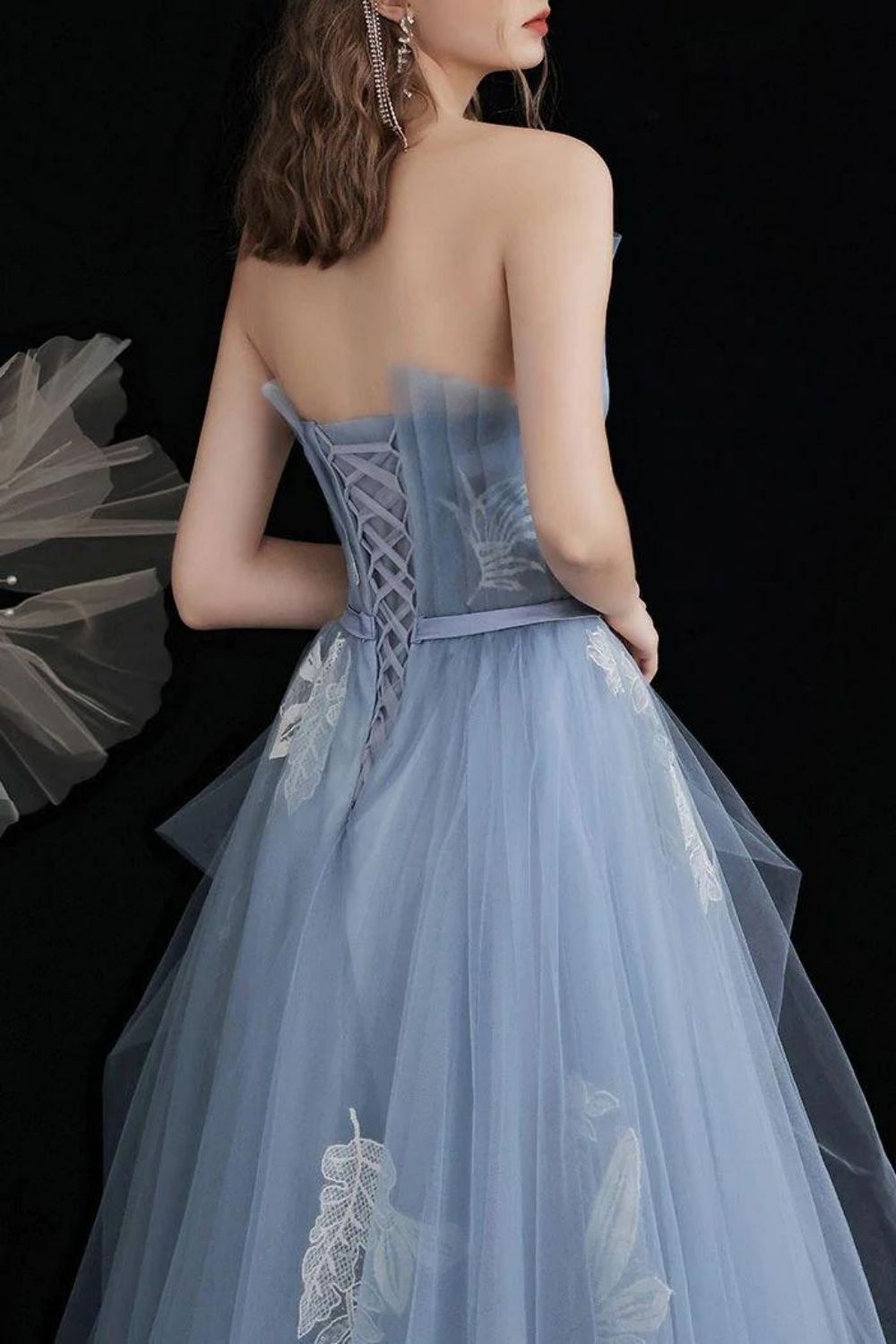 Weitese Princess A Line Strapless Blue Long Prom Dress with Appliques