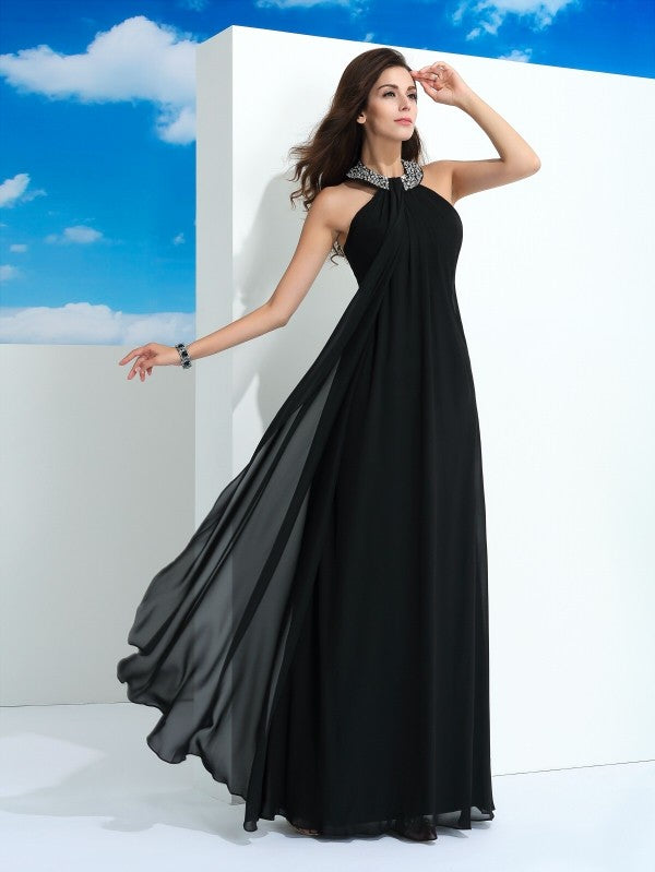 Halter Beading Sleeveless Long Chiffon Dresses
