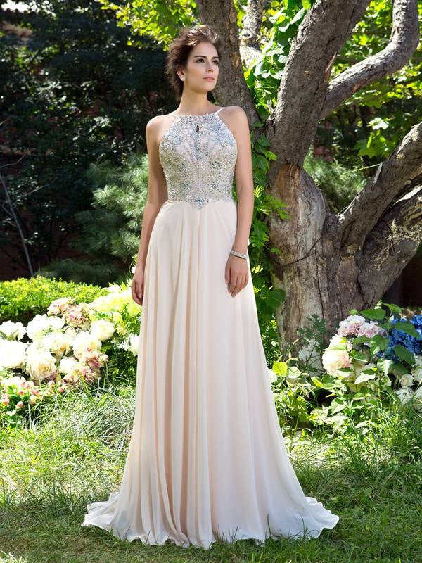 Spaghetti Straps Beading Sleeveless Long Chiffon Dresses