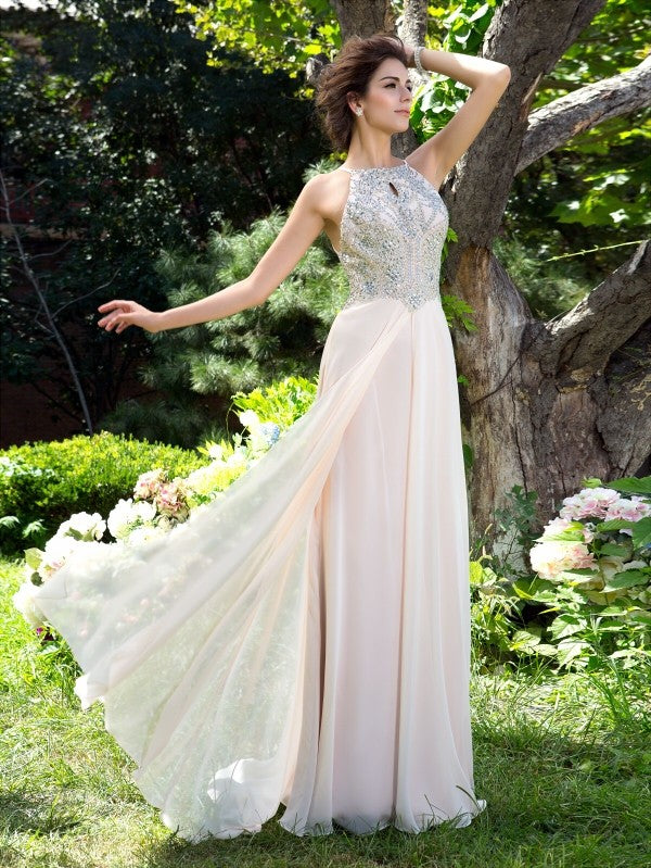 Spaghetti Straps Beading Sleeveless Long Chiffon Dresses