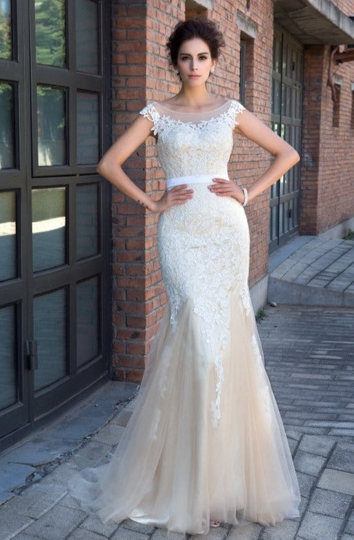 Sheer Neck Applique Short Sleeves Long Net Dresses